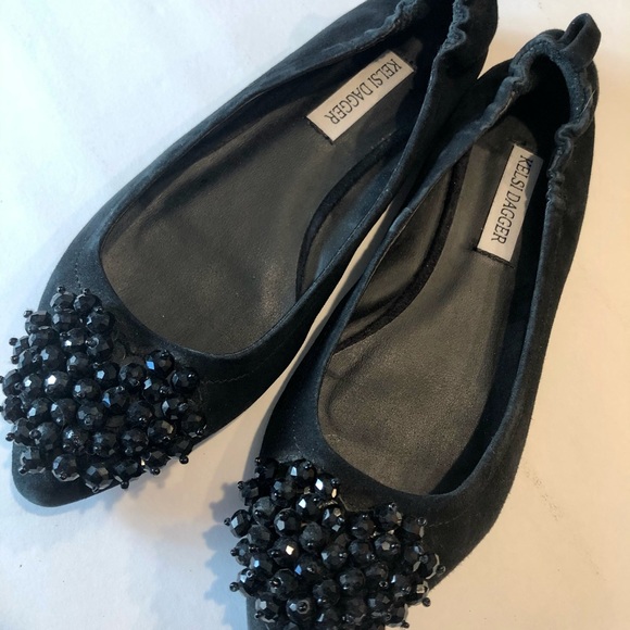KELSI DAGGER LUVVY Black Suede Flats Crystal Heart - Picture 4 of 10